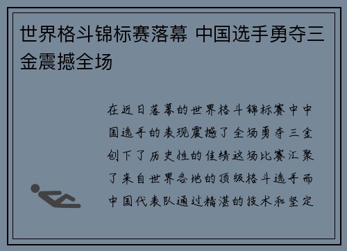 世界格斗锦标赛落幕 中国选手勇夺三金震撼全场